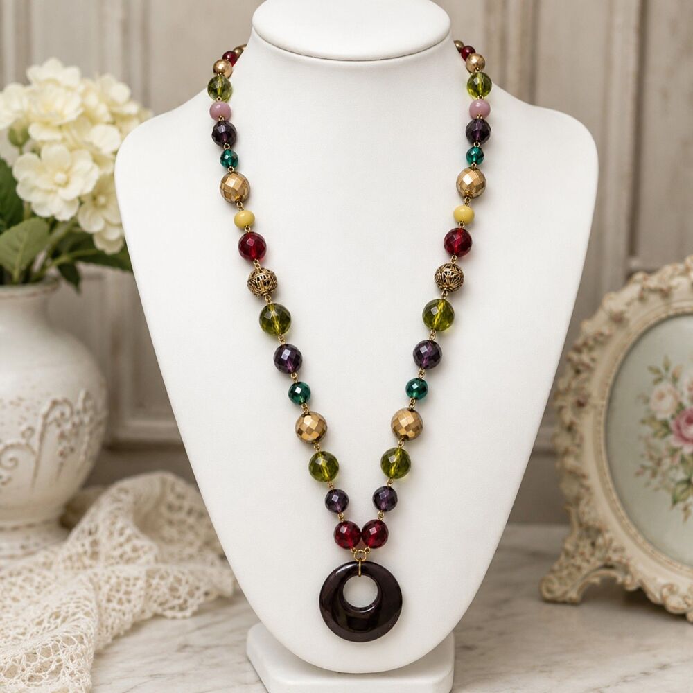 Vintage Multicolor Beaded Pendant Necklace, Long Boho Statement Necklace